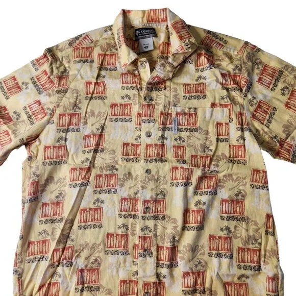 Columbia Mens Hawaiian Shirt Yellow Surf Boards Hibiscus Floral Print Size M - Picture 4 of 6